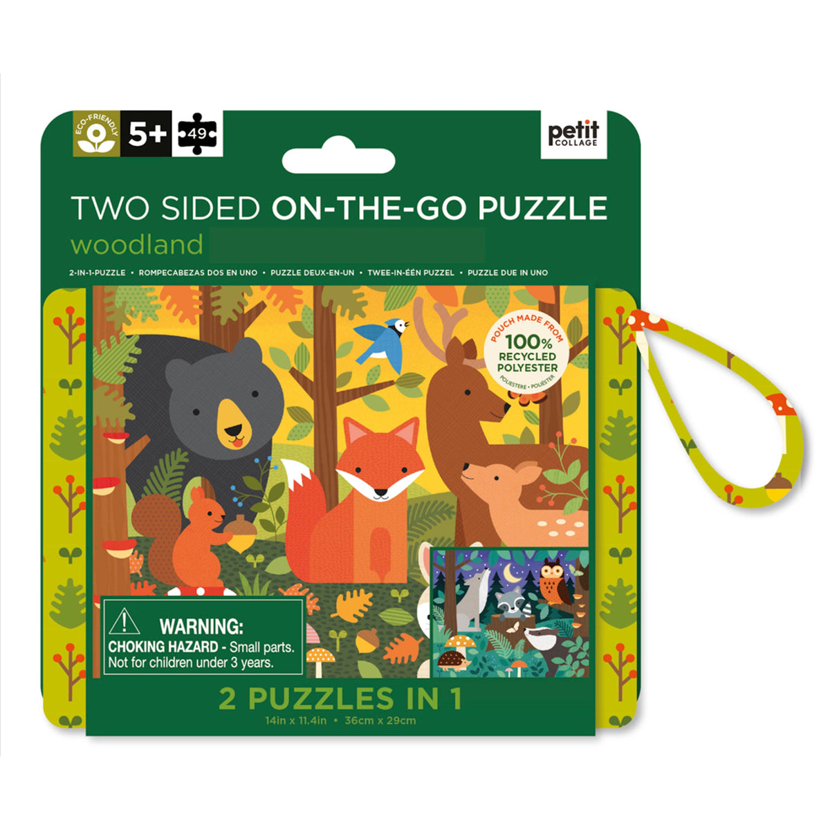 Two-sided on-the-go puzzle packaging with forest animals illustration