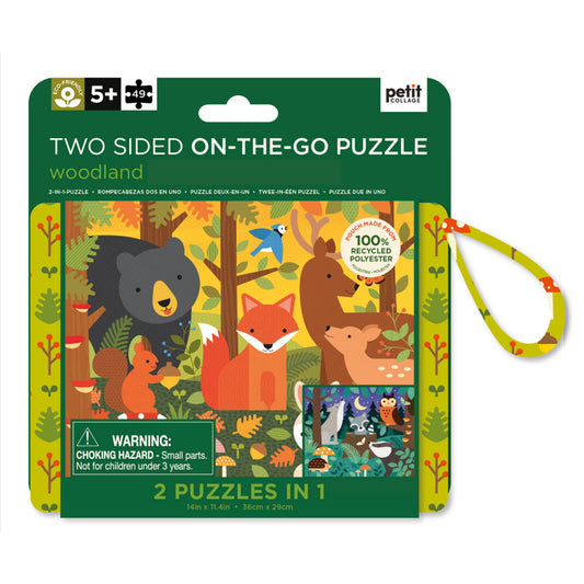 Two-sided on-the-go puzzle packaging with forest animals illustration