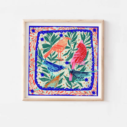 Five Birds & Leaves Art Print