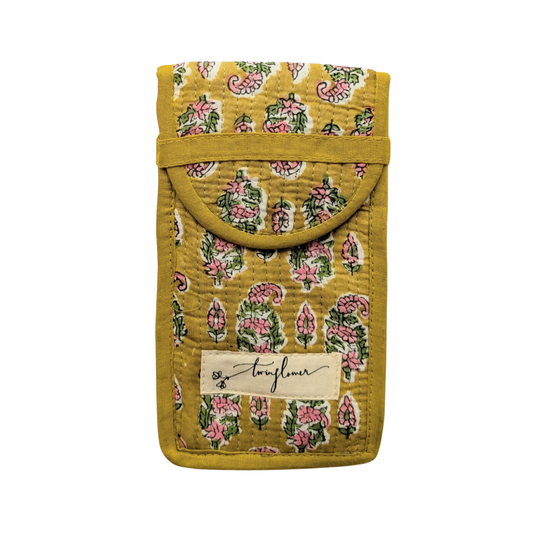 Yellow & Pink Flower Block Print Quilted Cotton Glasses Case
