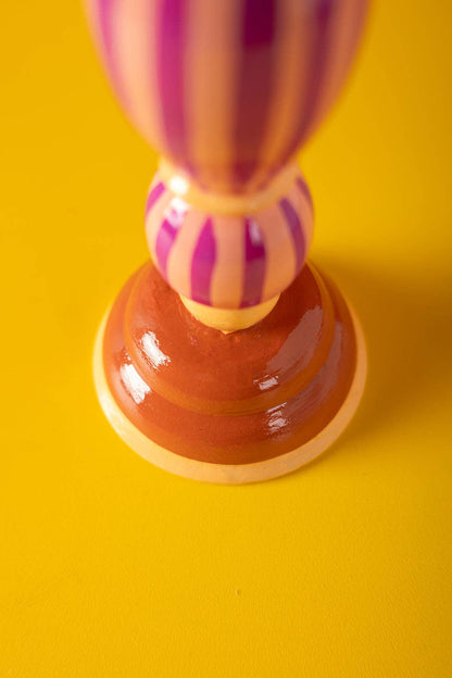 Pink Stripe Hand Painted Wooden Candle Holder