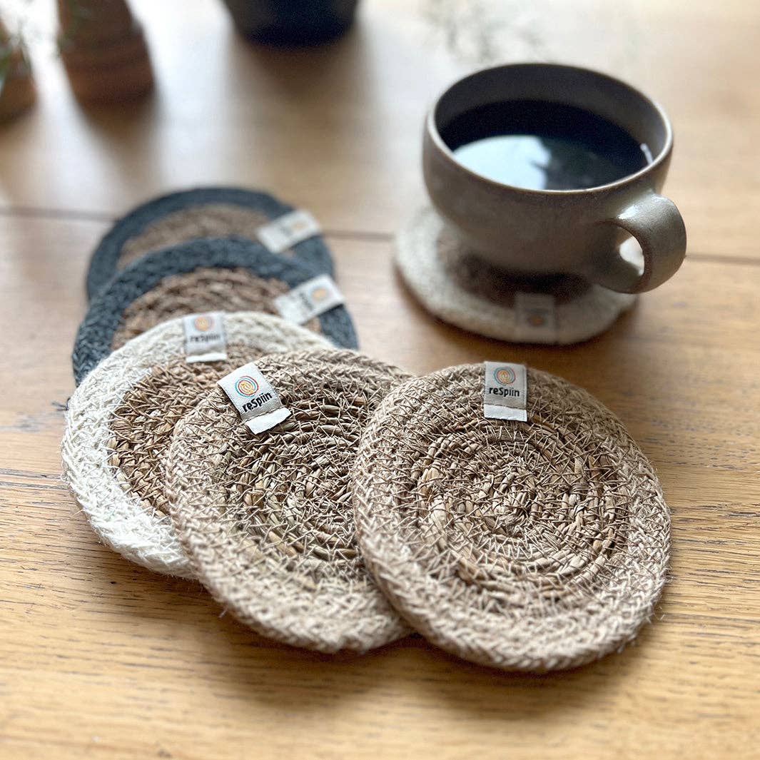 ReSpiin Set of 6 Seagrass & Jute Coasters - Naturals