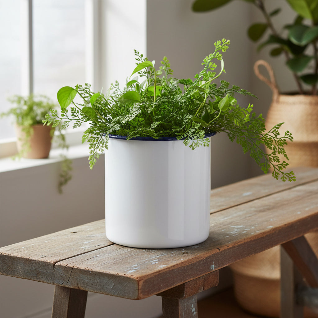 15cm Enamel Plant Pot - White & Blue