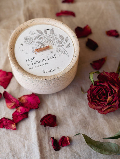Rose & Lemon Leaf Soy Wax Candle in ceramic pot