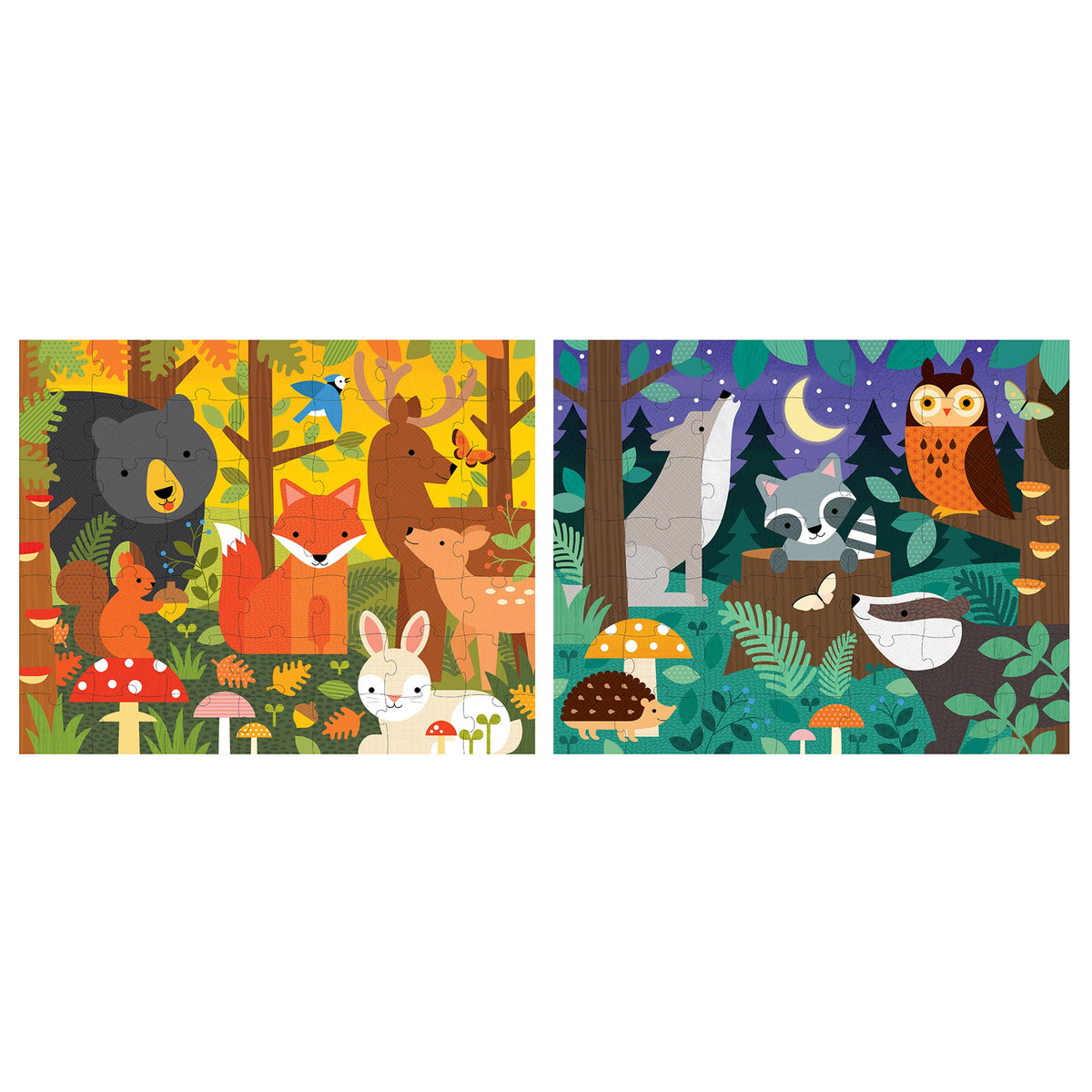 Two forest-themed illustrated jigsaw puzzles with animals and nature elements on a white background.