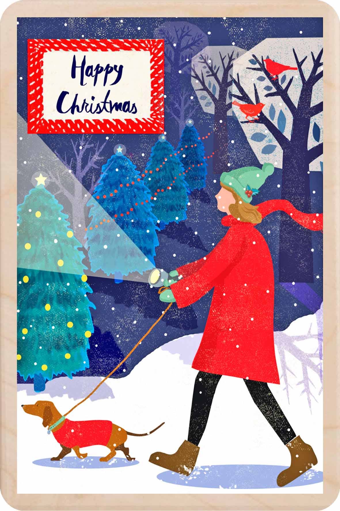 Happy Christmas Dog Walker Wooden Postcard |Stocking Filler