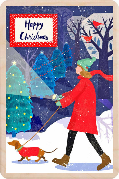 Happy Christmas Dog Walker Wooden Postcard |Stocking Filler