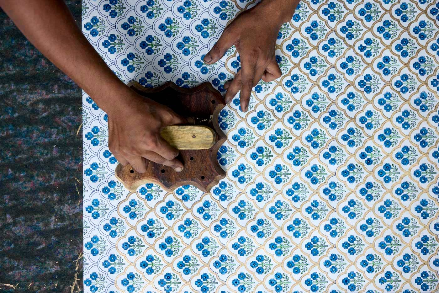 Artisanal Hand Printed Indigo Trellis Wrapping Paper Sheet