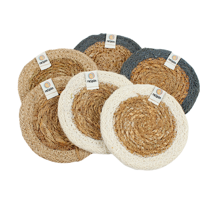 ReSpiin Set of 6 Seagrass & Jute Coasters - Naturals