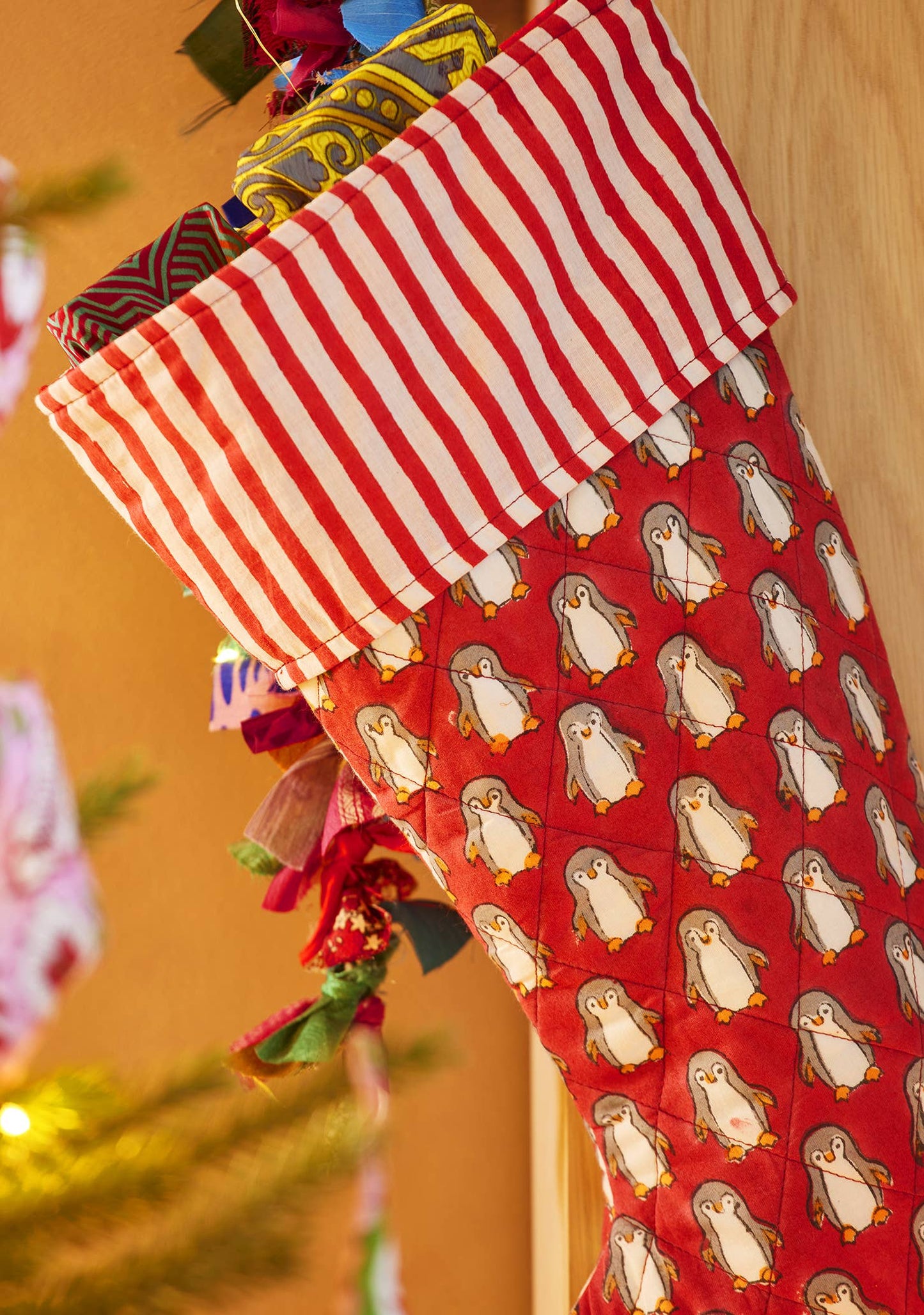 Red Penguin Candy Stripe Stocking