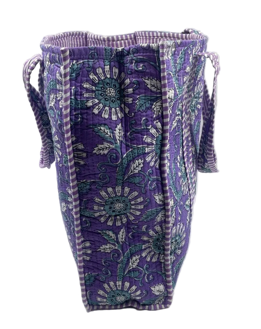 Purple Dusk Floral Block Print Quilted Cotton Tote Bag