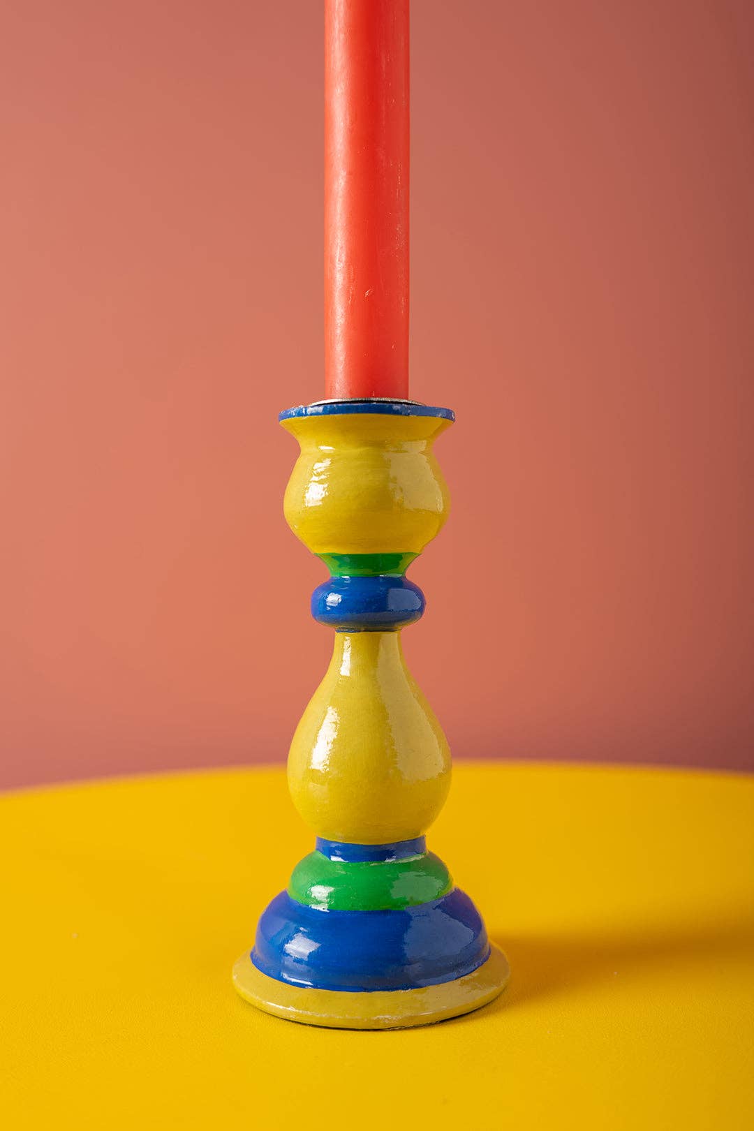 Olive & Blue Hand Painted Wooden Candle Holder