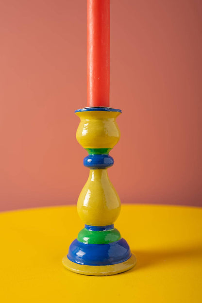 Olive & Blue Hand Painted Wooden Candle Holder