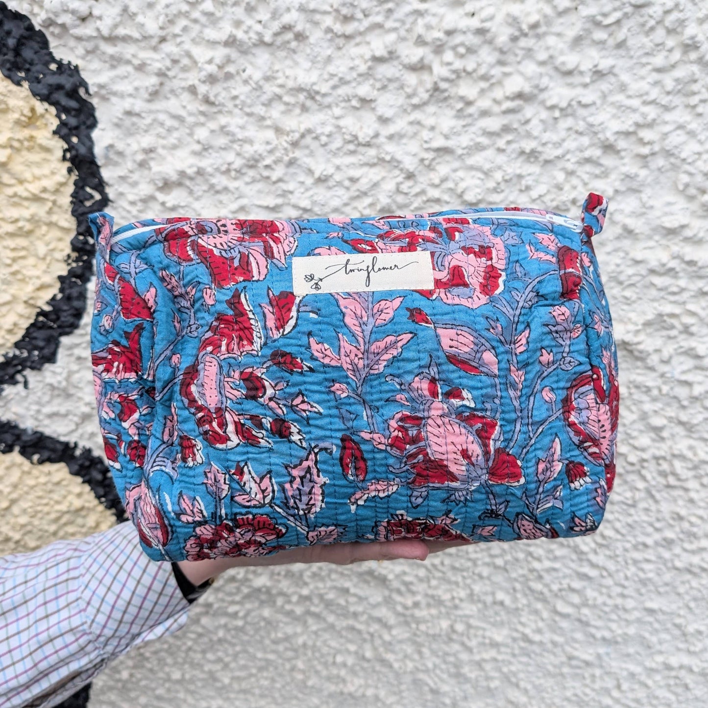 Blue & Red Floral Block Print Quilted Large Washbag
