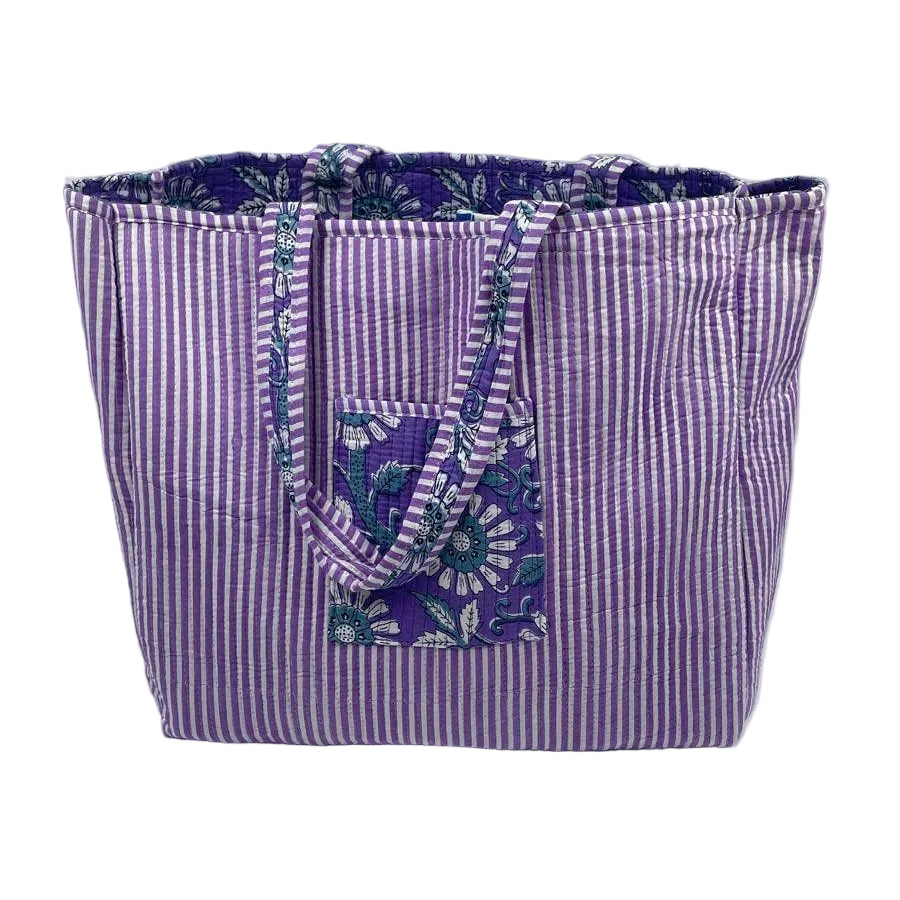 Purple Dusk Floral Block Print Quilted Cotton Tote Bag