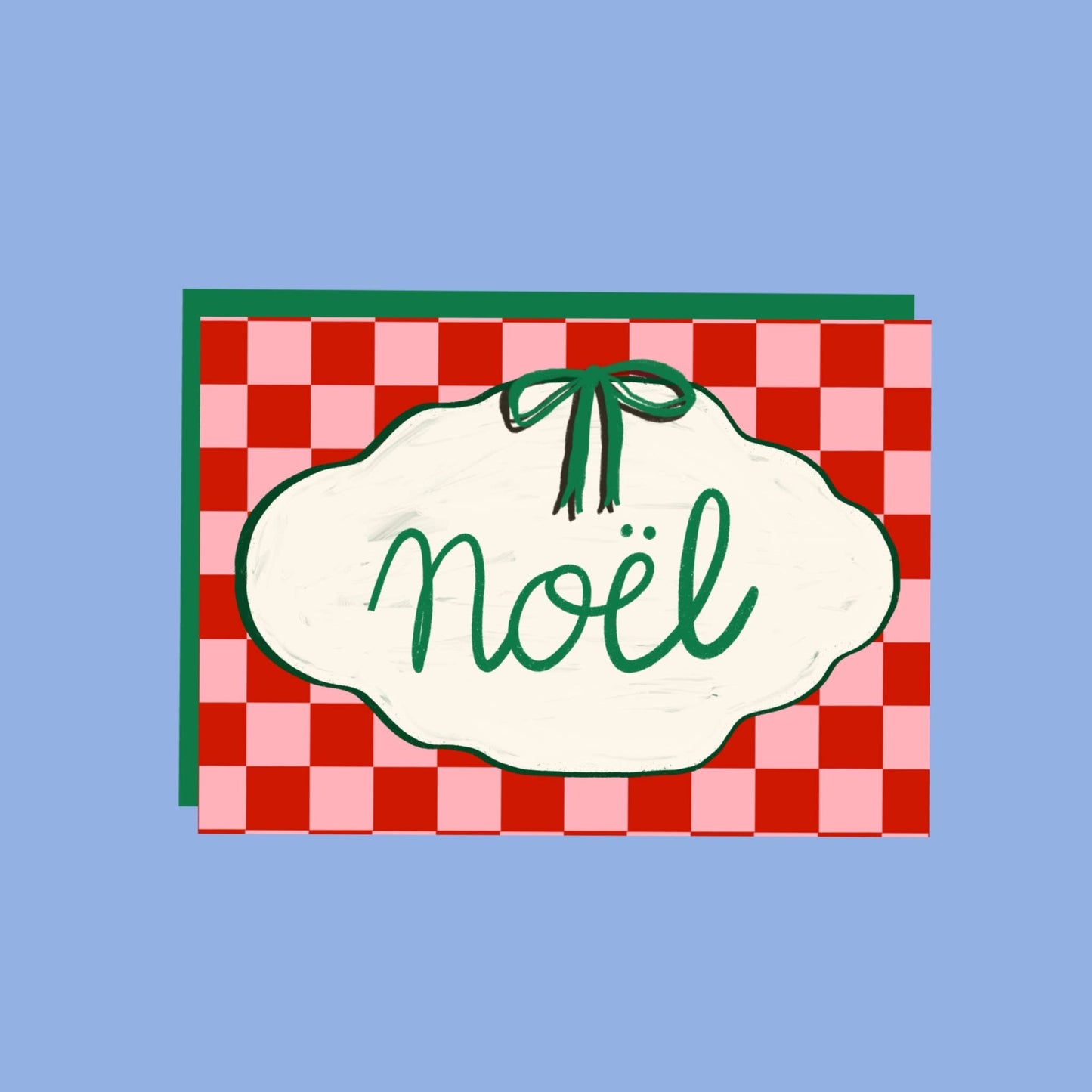 Christmas card with 'Noél' text on a red and pink checkered background