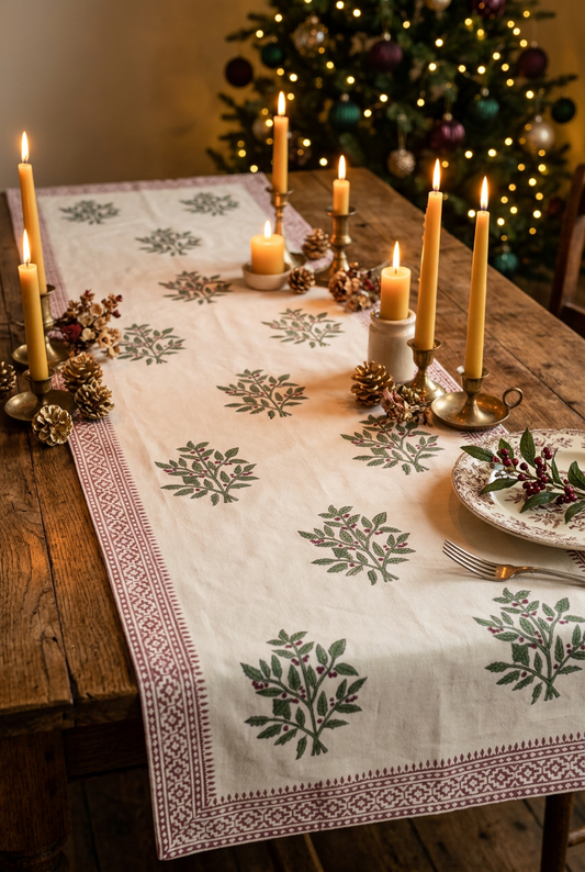 Christmas Holly Block Printed Cotton Table Runner 45x150cm