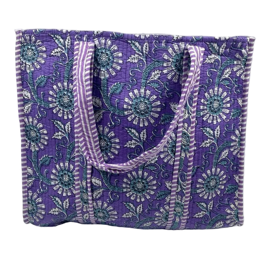Purple Dusk Floral Block Print Quilted Cotton Tote Bag