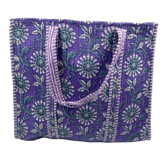 Purple Dusk Floral Block Print Quilted Cotton Tote Bag