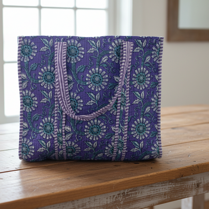 Purple Dusk Floral Block Print Quilted Cotton Tote Bag