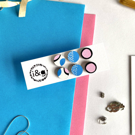 Pink Blue & White Mini Stud Earring Trio