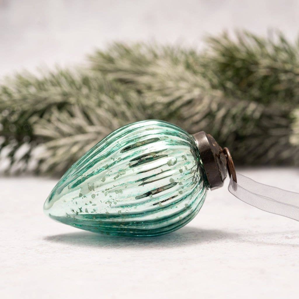 Mint Ribbed Glass Pinecone Christmas Ornament