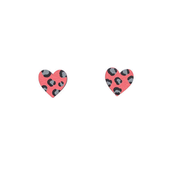 mini leopard print pink and grey wooden earrings
