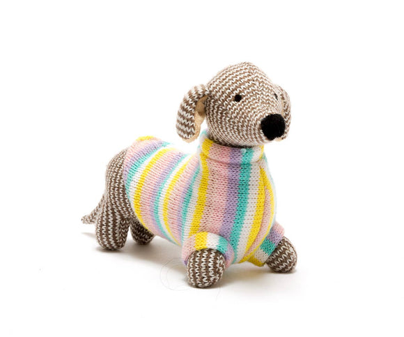 Knitted Sausage Dog Baby Rattle in Pastel Jumper