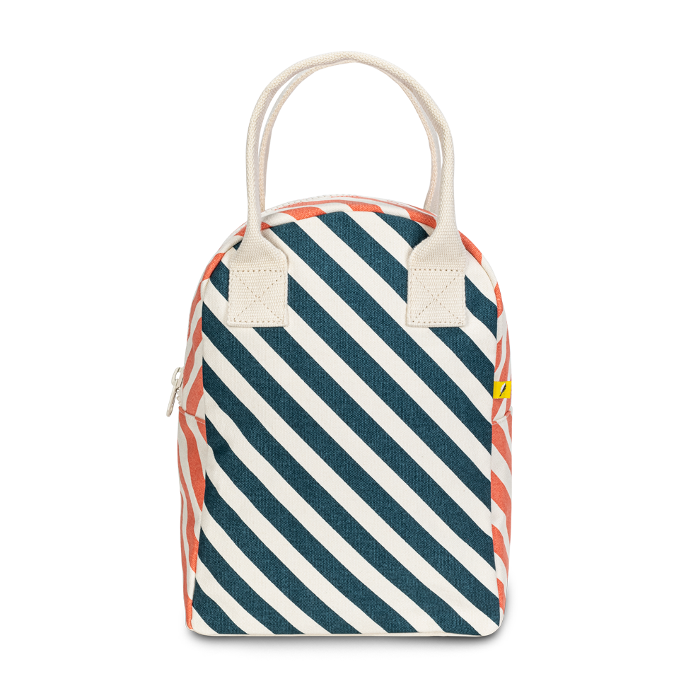 Blue and white striped top lunch bag