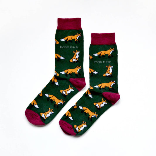 Green & Burgundy Bamboo Socks in  Fox Print