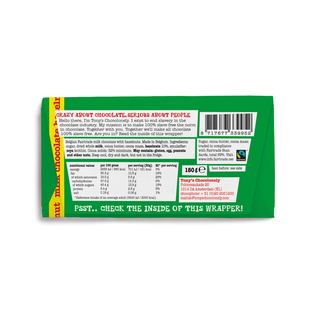 Tony’s Milk Chocolate Hazelnut Bar -180g