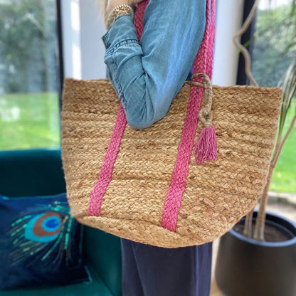 Hot Pink Handmade Woven Jute Basket Bag 