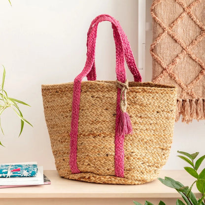 Hot Pink Handmade Woven Jute Basket Bag 